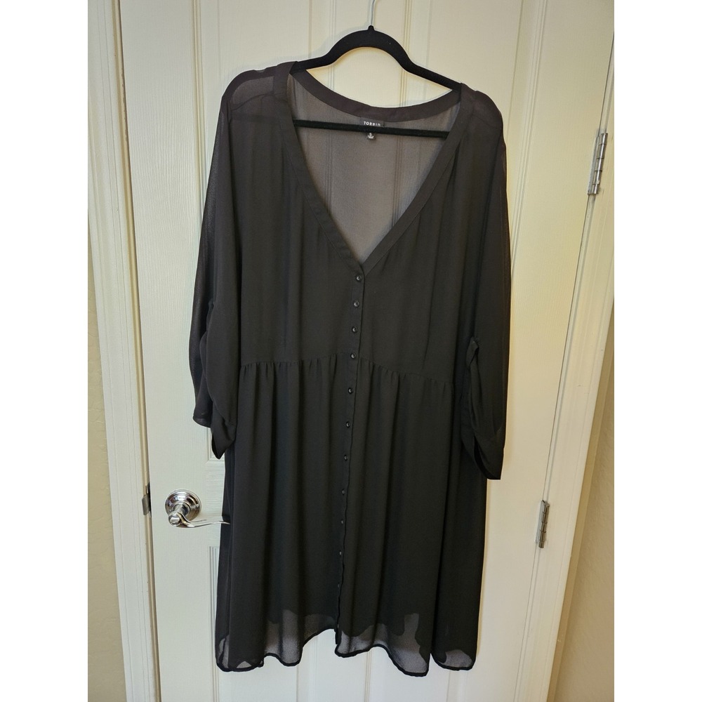 Torrid Mini Challis Sheer V-Neck Button-Front Roll-Tab Shirt Dress, Plus 5